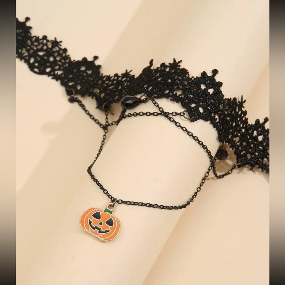 🎃 Awesome Pumpkin Jack-o-lantern Lace Jeweled Tassel Chocker 🎃